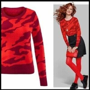 Cabi Camo‎ Print Sweater Crew Neck Long Sleeve Pullover Knit Top Red Size Medium
